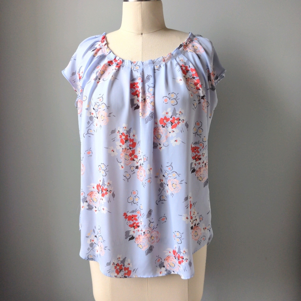 Lauren Conrad Blue Floral Bow Back Top